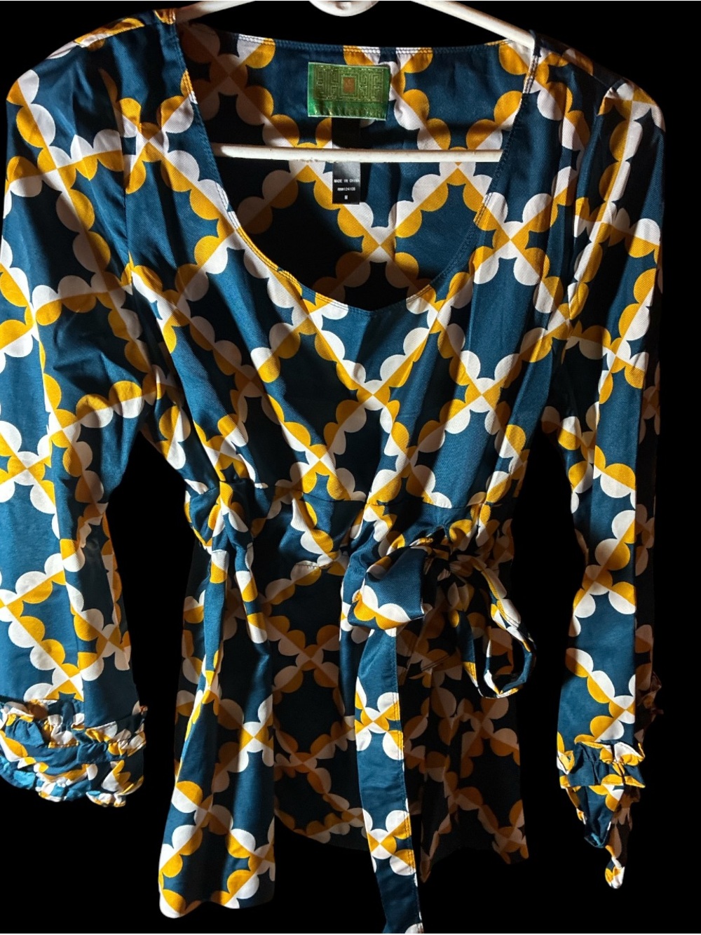 Tracy Porter Teal, Mustard & White Geometric Wrap Blouse